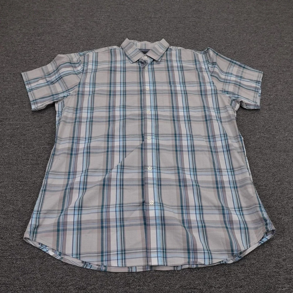 Banana Republic Shirt Mens XL Gray Plaid Short Sleeve Button Up Stretch Casual‎